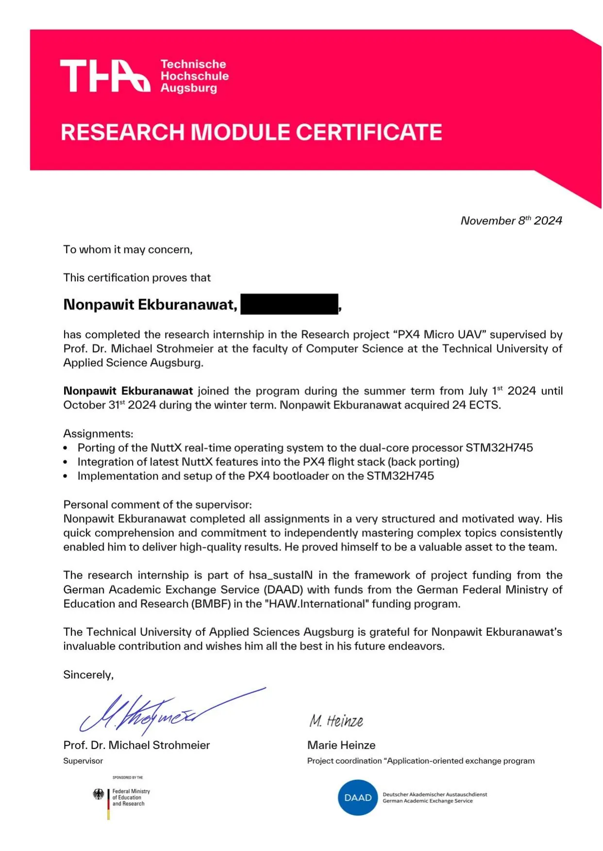 Research internship certificate, page 1 of 1